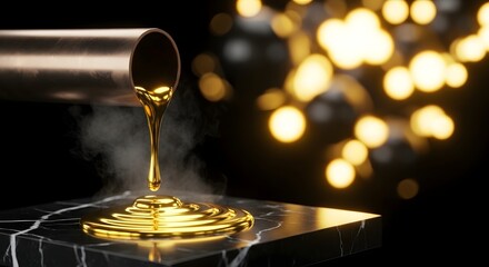 Molten gold liquid streams from a pipe onto a black marble surface, creating a luxurious and rich visual with bokeh lights in the background