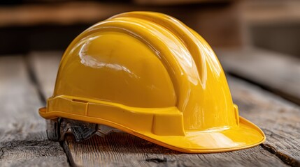 Yellow hard hat sitting on weathered wooden planks in a construction site