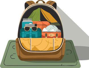An open hiking backpack filled with travel essentials ready for adventure