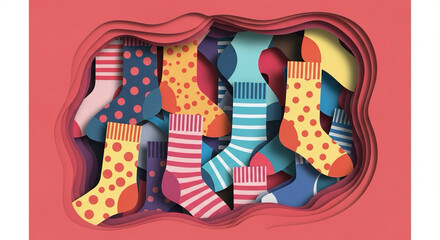 Paper cut art of socks with polka dots and stripes &mdash; diversity and inclusion symbol.