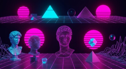 Retro Futuristic Vector Set, Abstract Geometric Shapes, Wireframe Sculptures, and Cyberpunk Techno Art in Neon Psychedelic Style