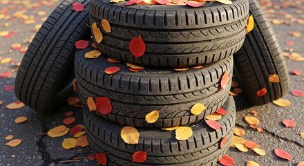 Car tire with snow and autumn leaves. Winter season coming soon concept. Weather changing from fall to cold.