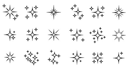 Sparkle Star Icons Vector Set, Shining Stars, Twinkles, and Glow Symbols for Design, Branding, and Decorative Use
