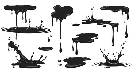Puddles and Water Drops Vector , Black Dripping Liquid Silhouettes, Ink Flow, Splashing Water, and Tear Drop Design Elements Isolated on White Background