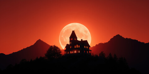 Obraz premium Silhouette of haunted house against giant full moon at sunset. Spooky Halloween landscape with red sky, eerie atmosphere and mysterious mood