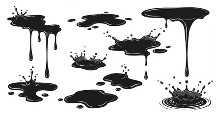 Puddles and Water Drops Vector , Black Dripping Liquid Silhouettes, Ink Flow, Splashing Water, and Tear Drop Design Elements Isolated on White Background