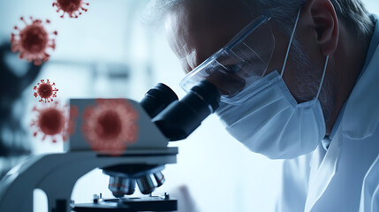 A scientist wearing a mask, a lab coat and protective eyewear is using a microscope to study a virus. The scientist is working diligently to develop new treatments.