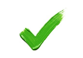 Green paint stroke check mark PNG isolated on transparent background, approval symbol for graphic design and web use