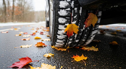 Car tire with snow and autumn leaves. Winter season coming soon concept. Weather changing from fall to cold.