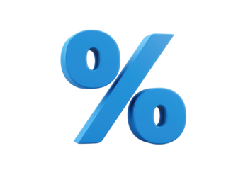 Blue percentage sign isolated PNG on transparent background, 3D render of percent symbol for finance and discount