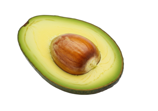 Half avocado with pit isolated PNG, fresh green fruit cut in half showing seed, healthy eating ingredient for vegan and vegetarian recipes