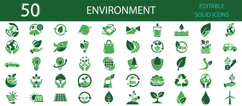 Environment solid fill icons set of 50 vector symbols for eco, sustainability, recycling, renewable energy, and green nature concepts. Editable solid green glyph icons for environmental design