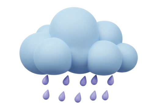 Light blue cloud with rain drops isolated PNG, weather forecast element on transparent background, rainy season graphic