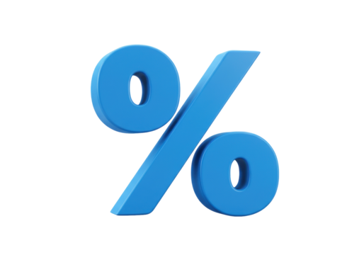 Blue percentage sign isolated PNG on transparent background, 3D render of percent symbol for finance and discount