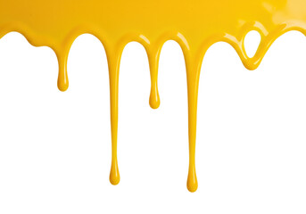 Bright yellow dripping paint PNG isolated on transparent background, liquid honey or mustard flowing down for design elements