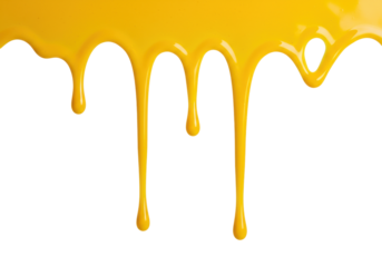 Bright yellow dripping paint PNG isolated on transparent background, liquid honey or mustard flowing down for design elements