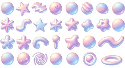 Big Vector Set of Y2K Design Elements, Trendy Abstract Minimalist Stars, Flowers, and Circles in Futuristic Chrome Gradient Aesthetic for Retro 2000s Style Posters and Digital Art