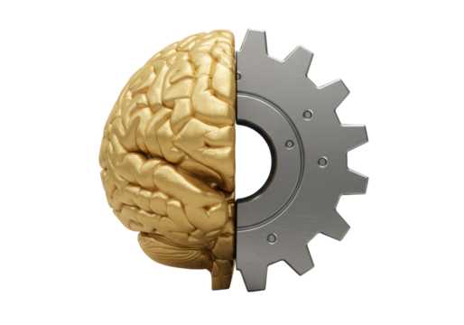 Golden brain and silver gear isolated PNG on transparent background, concept of intelligence and mechanical mind, artificial intelligence