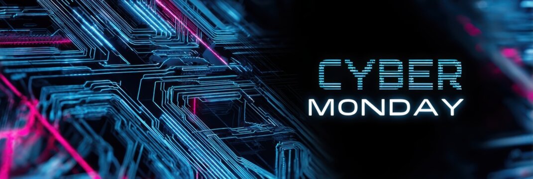 cyberpunk tech marketing, futuristic cyberpunk marketing template with neon circuit board patterns, glitched cyber monday, and holographic shopping cart icons ideal for tech retailers and