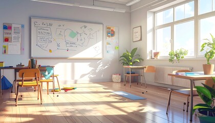 Bright Classroom with Sunlight and Plants.