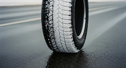 Car tire with snow on icy road on cold winter day. Winter driving concept with vehicle wheel on frozen surface footage.