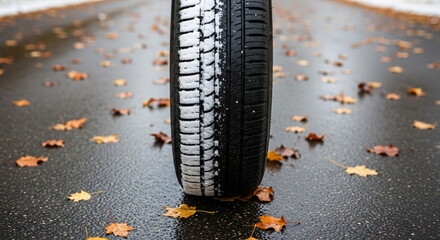 Car tire with snow and autumn leaves. Winter season coming soon concept. Weather changing from fall to cold.