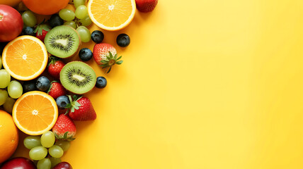 Tropical sliced colorful fruit on yellow colored background top view in flat lay style. Healthy eating backdrop or Summer Sale Banner.