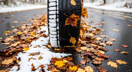 Car tire with snow and autumn leaves. Winter season coming soon concept. Weather changing from fall to cold.