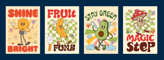 Obraz premium Cheerful groovy characters posters with psychedelic mushroom and funky avocado, cartoon vector. Retro groovy posters with funny light bulb lamp and banana with cool gesture sign and smile on face