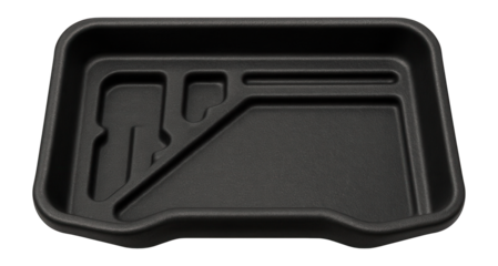 Non-slip rubber tool tray for securely holding tools on slanted rooftops.