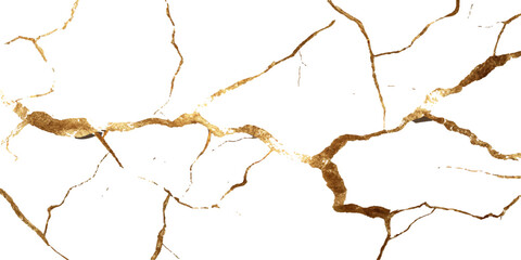Golden cracked surface with white background. A golden cracked wall pattern isolated on white background. White cracked textured surface background with golden metal filling the cracks in a style, 
