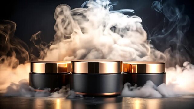 Cosmetic jars with gold lids and smoke background.