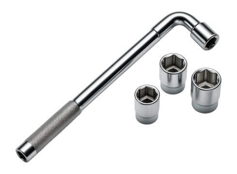 Versatile lug wrench with interchangeable sockets for different wheel nut sizes.