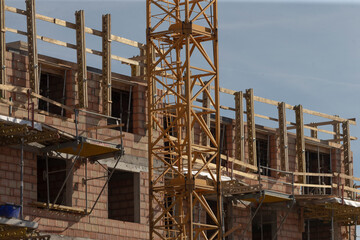 exposed concrete frame and vertical tower crane shaft intersect against pale sky, unfinished...