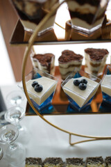 Mini desserts in transparent cups with cream for a festive buffet.
