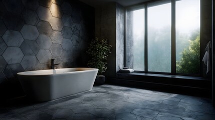 A modern luxurious bathroom featuring a freestanding bathtub hexagonal tile walls and a large window overlooking nature