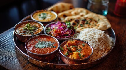 North Indian thali with paneer butter masala, naan, rice, moody restaurant light