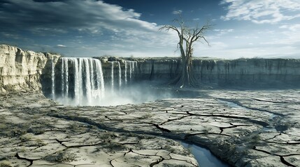 A breathtaking waterfall cascades over a rugged cliff into a parched landscape, with a solitary tree standing tall against the dramatic sky