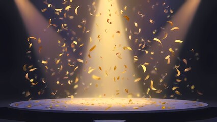 golden confetti rain on festive stage with light beam in the middle, empty room at night mockup with copy space for award ceremony, jubilee, New Year's party or product presentations
