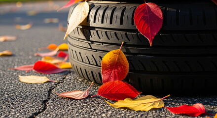 Car tire with snow and autumn leaves. Winter season coming soon concept. Weather changing from fall to cold.