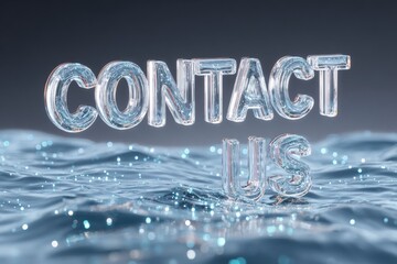Floating crystal typography spelling contact us above shimmering water surface