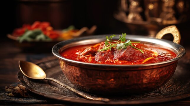 Rajasthan laal maas served in copper bowl, royal heritage mood, dramatic lighting