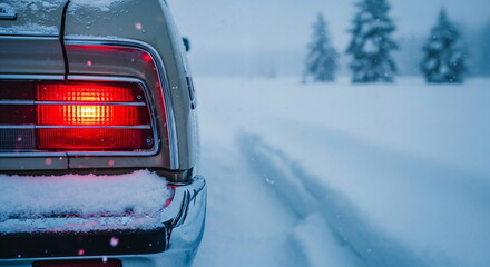 Car with brake light on a snowy road in a winter forest, cold weather travel and holiday season concept footage.