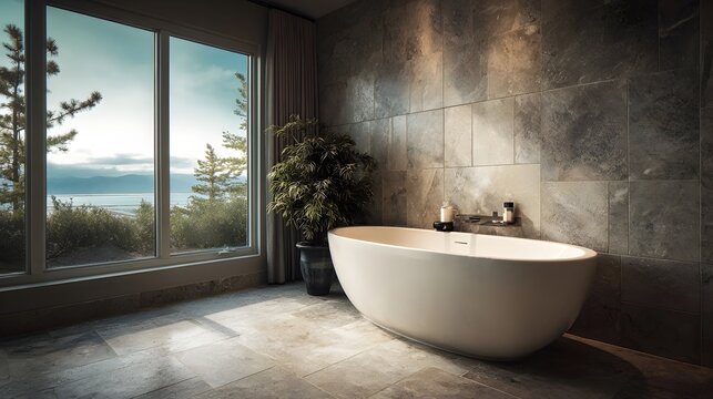 A luxurious modern bathroom features a freestanding soaking tub beside a large window with a scenic natural landscape view - Powered by Adobe