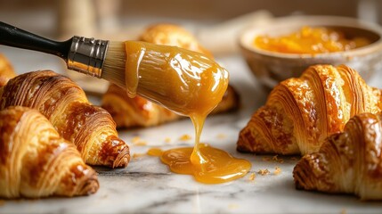 Pastry brush glaze motion capture with amber drips flowing over croissants on marble surface kitchen scene natural light culinary dynamics photography