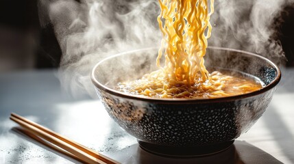 Noodles dropping bowl ramen impact moment steam hot broth ceramic bowl chopsticks dramatic lighting glossy surface texture splashing