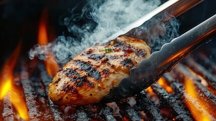 Metal tongs grip grilled chicken barbecue cooking flames smoke char marks dynamic kitchen action stainless steel utensil professional