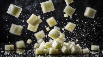 Onion falling motion diced cubes tumbling through air above dark surface geometric shapes blur movement culinary preparation kitchen dynamics