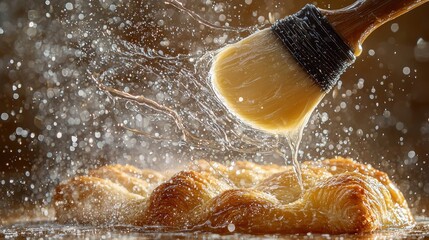 Pastry brush glaze motion splash butter droplets puff pastry baking action dynamic lighting frozen movement culinary photography