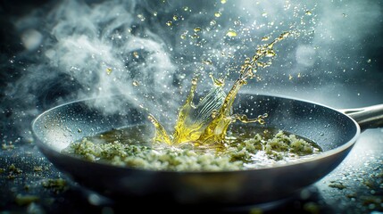 Oil droplets fly creating explosive splash pattern from non-stick pan with varying droplet sizes catching light during culinary preparation process